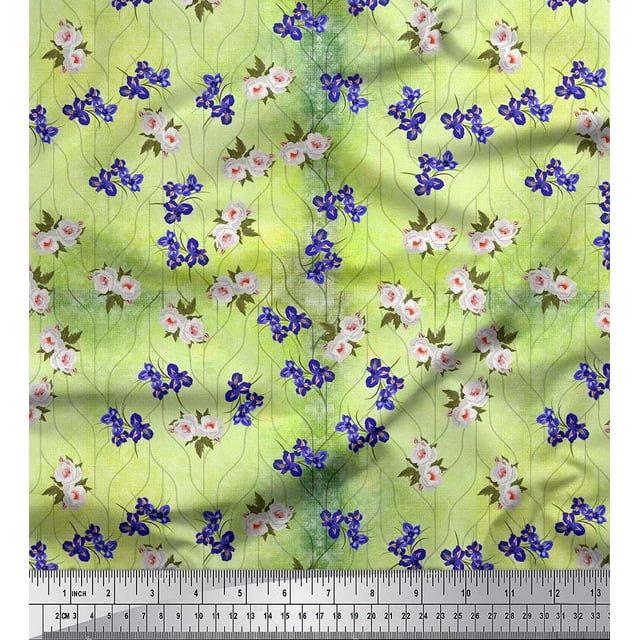 Soimoi Green polyester Crepe Fabric Leaves,White & Blue Floral Print Sewing Fabric BTY 42 Inch Wide