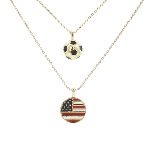 Cyra | Collar Doble para Mujer con Dije de Bandera de Estados Unidos y balón Fabricado en Chapa de Oro y esmaltado, Color Dorado