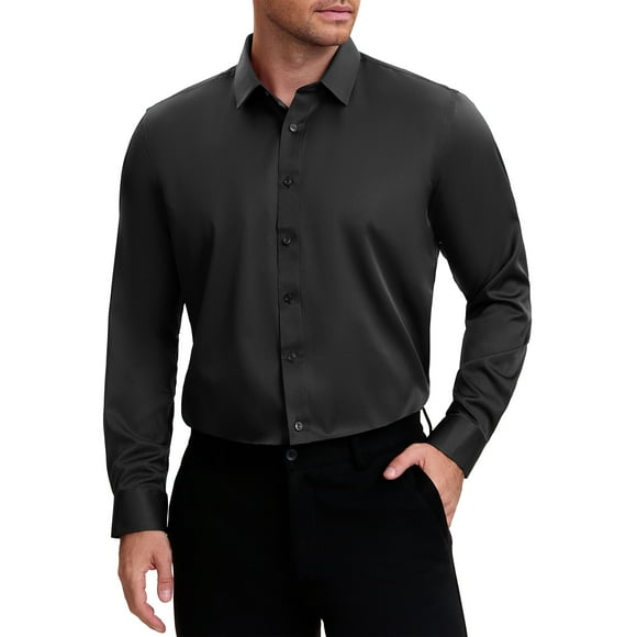 INSPIRE CHIC Men's Point Collar Long Sleeve Button Down Solid Color Formal Dress Shirts Black 3XL