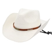 Straw Cowboy Hats for Men Women , Western Cowgirl Hat Women Wide Brim Fedora for Beach(White)