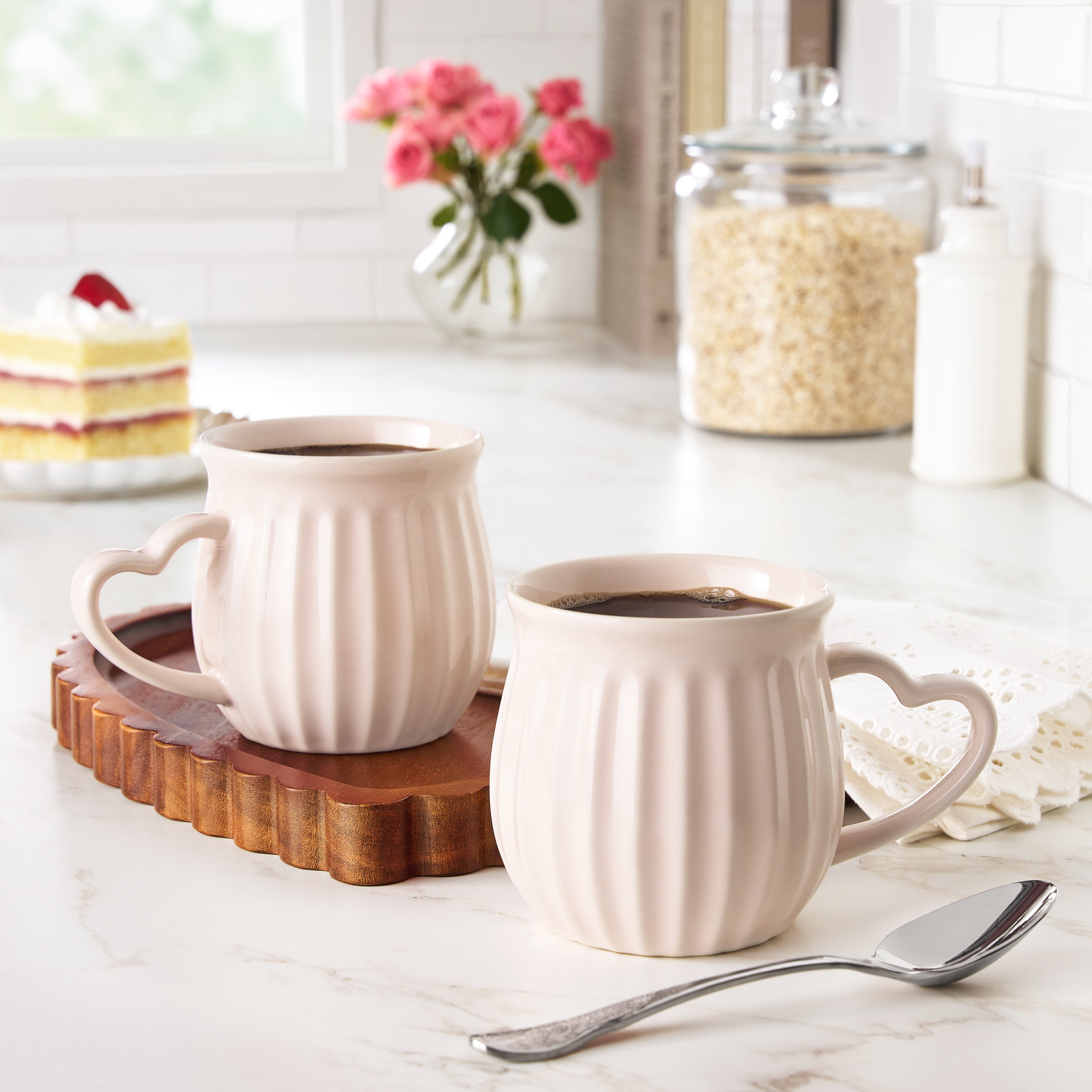 The Pioneer Woman Colette Heart Handle Stoneware Mug Set, Pink, 12