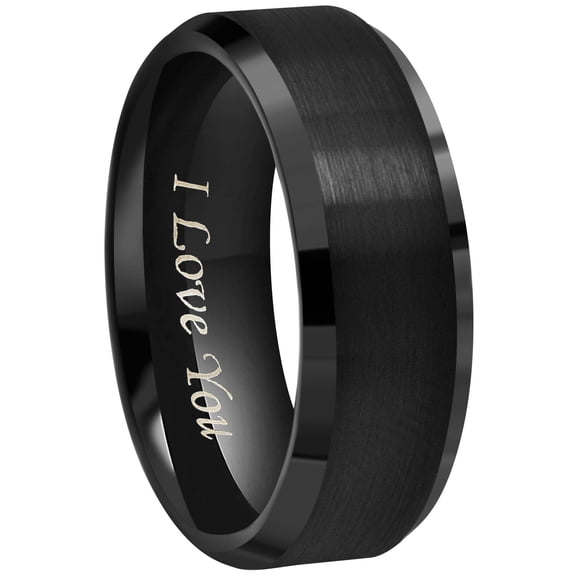 6mm 8mm 10mm Black Tungsten Wedding Band Ring Engraved I Love You Men Women Brushed Finish Beveled Edges (8mm,9.5)