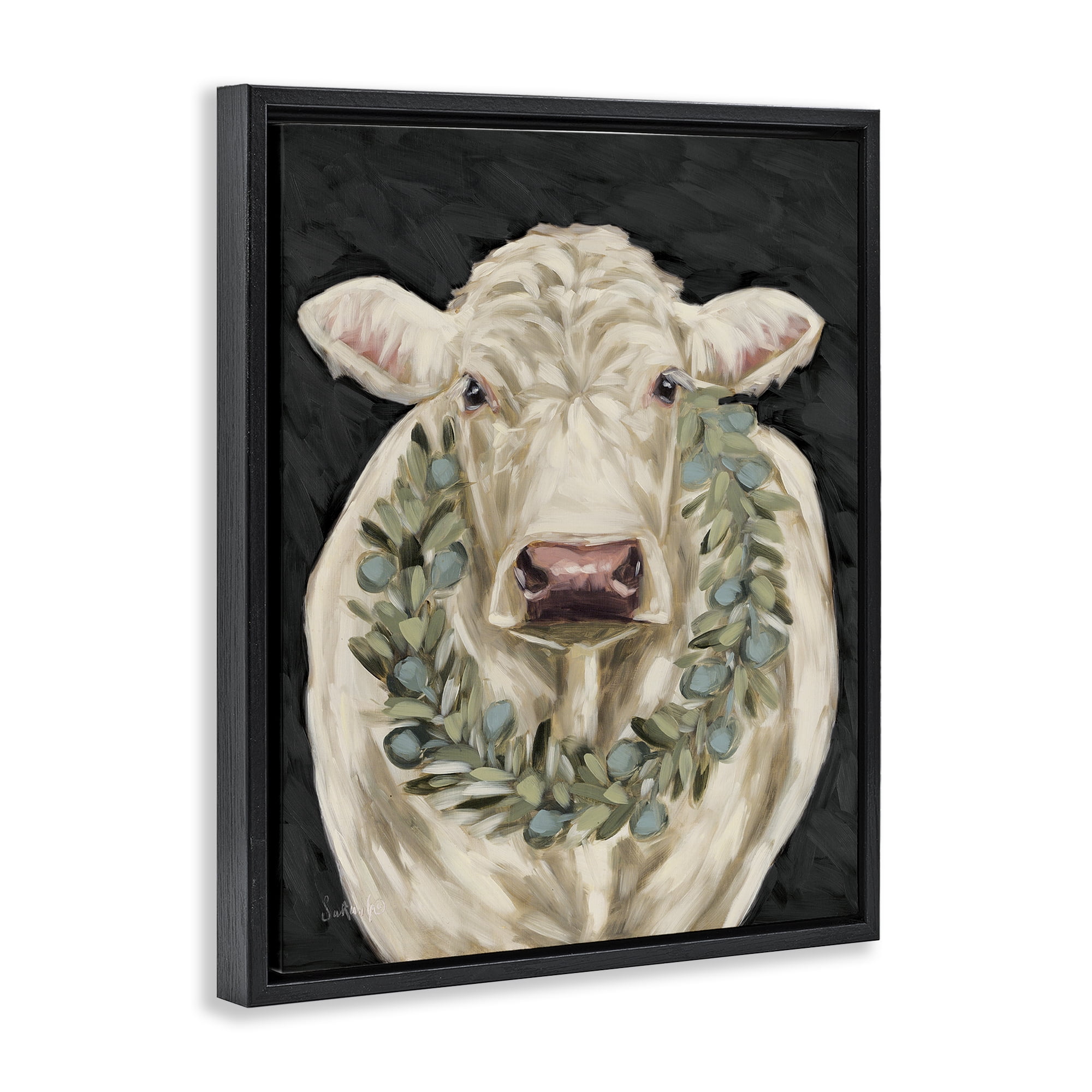 Stupell Industries Cow with Holiday Wreath Holiday Painting Black Floater Framed Canvas Art Prints Wall Art, 17 x 21