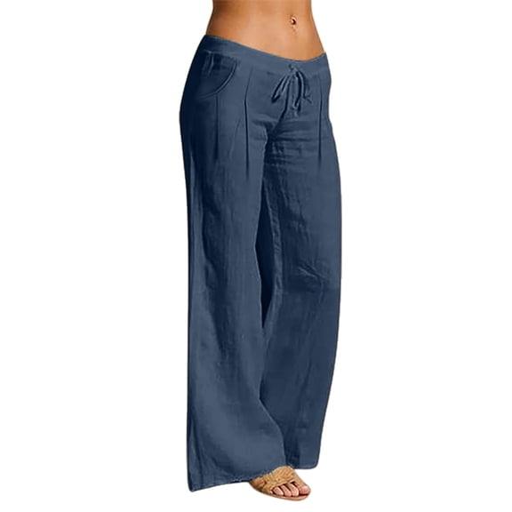 Outfmvch Cotton Linen Pants Straight Leg Lounge Beach Trousers Gaucho Pants Palazzo Flowy Pants Lace Side Gauchos for Women Flowy Pants Gauze Pants Women Casual Pants for Women Boho Pants Blue 2XL