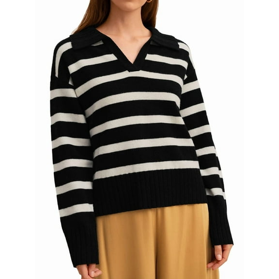 Women'S Striped Sweater Long Sleeve V-Neck Pullover Autumn Sweater Top 2025 Black One Size