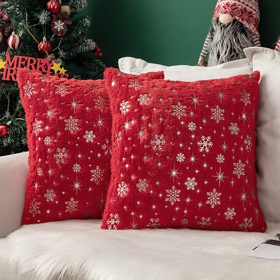 Rosnek Christmas Decorative Throw Pillow Covers, Soft Faux Fur Pillow Cases Covers with Silver Snowflake Glitter Printed Pillowcases for Christmas Couch Sofa, 18 X 18 Inch, Set of 2