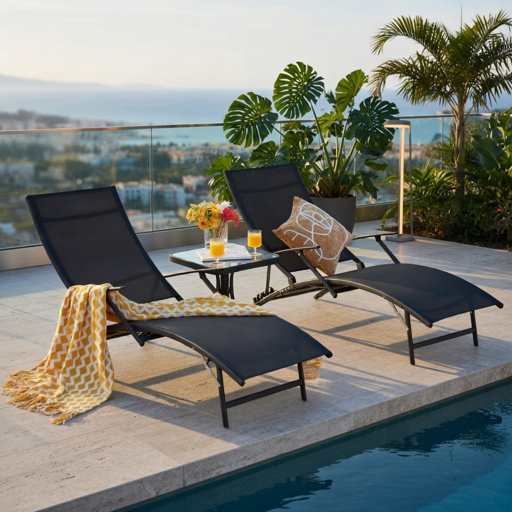 Hommoo 2-Pack Folding Stackable Outdoor Chaise Lounge Chairs with 5-Position Adjustable Backrest, Rustproof Steel Frame & Quick-Dry Fabric,for Patio, Poolside & Backyard Use, Black
