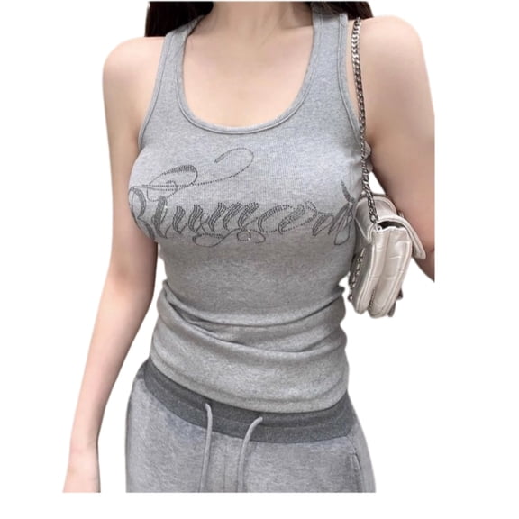 Women’s Y2K Rhinestone Letter Tank Top, Slim Fit Sleeveless Camisole, Stretch Casual Layering Top
