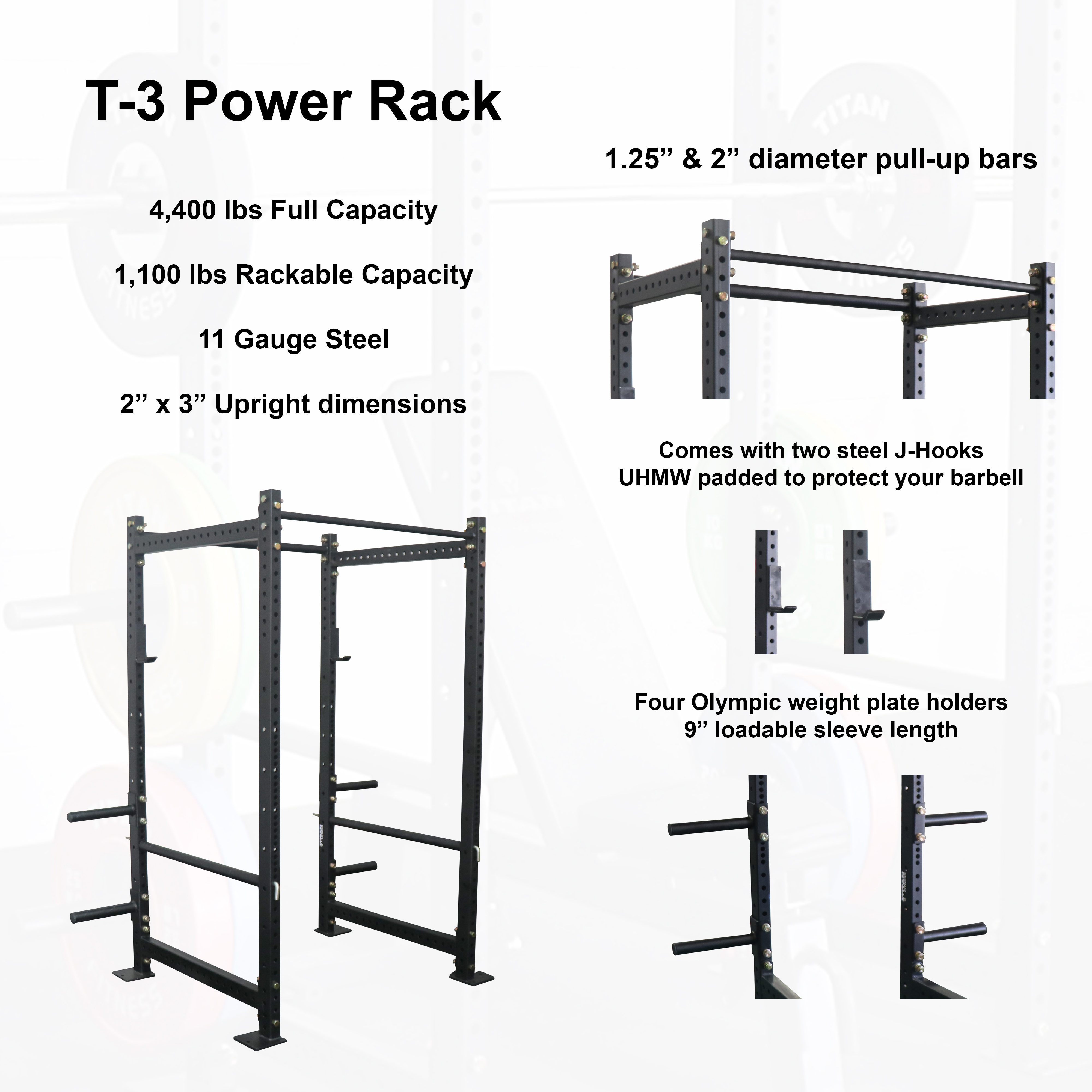 Titan Fitness T-3 Tall Power Rack 36" Depth with Safety Bars and J Hooks - image 2 of 6