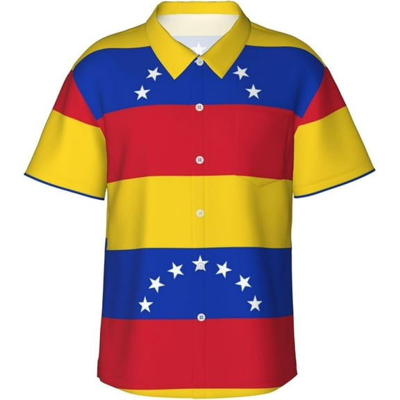 Flag of Venezuela Mens Hawaiian Shirt Short Sleeve Casual Button Up Tropical Summer Beach Shirt