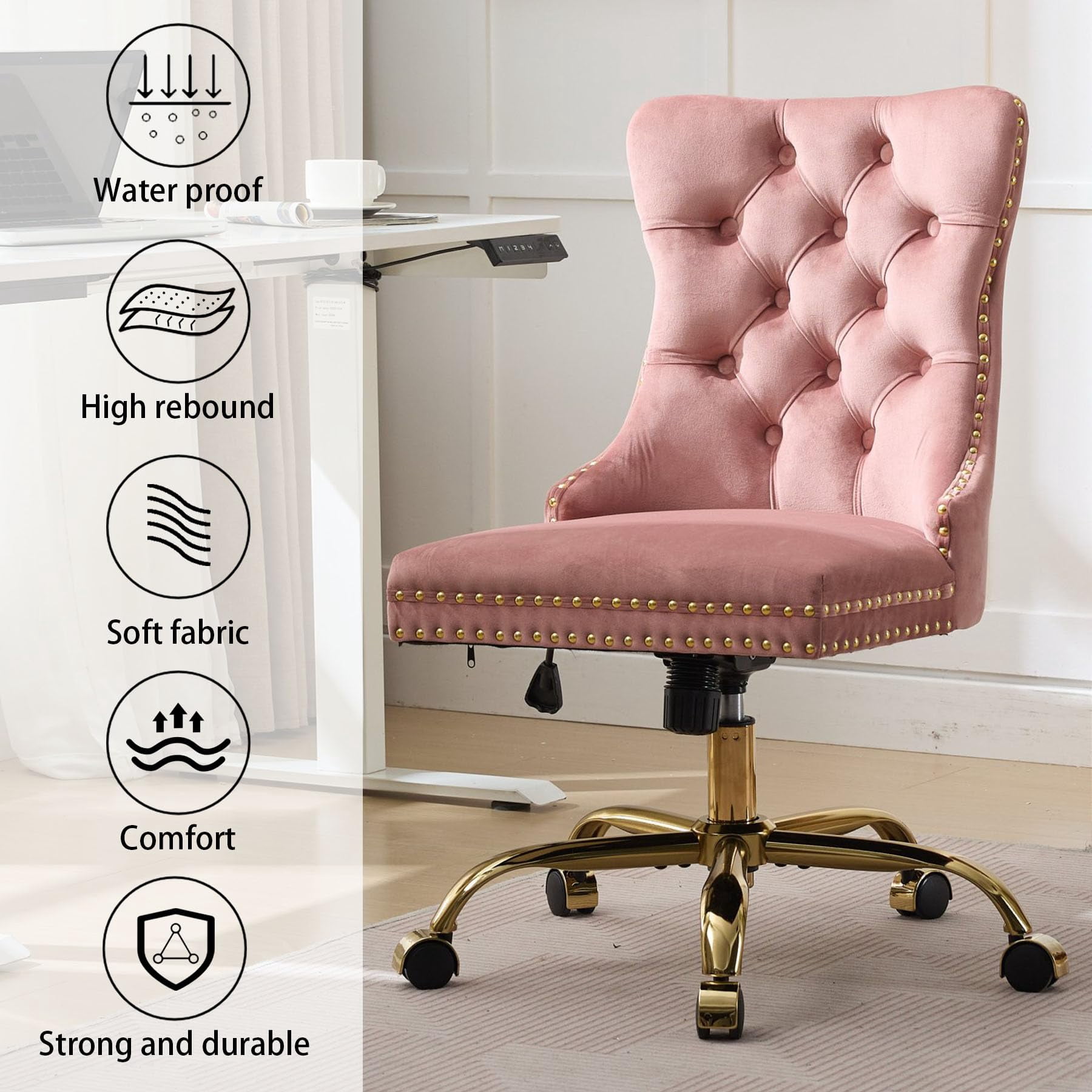 Pawverly Velvet Upholstered Office Chair, Tufted Button Swivel Desk Chair with Adjustable Height, Gold Metal Base & Wheels, Modern Vanity Chair, Pink