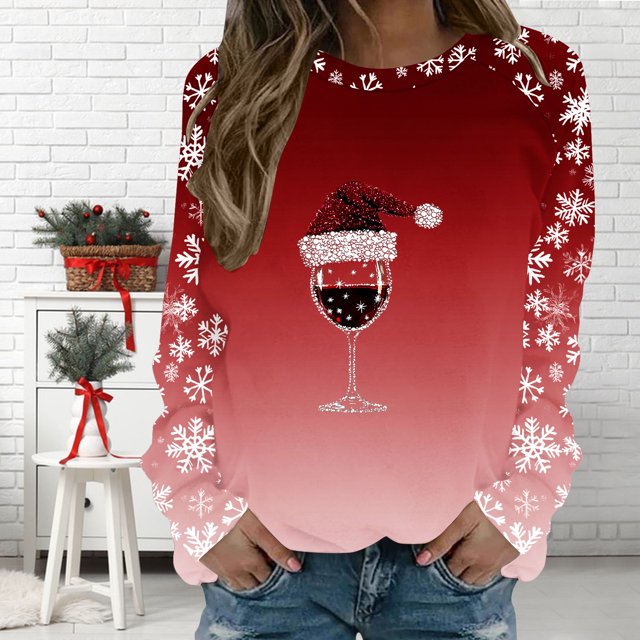 Fankiway T-Shirts à Manches Longues Surdimensionnés pour Femmes, Haut Décontracté Imprimé de Noël à Col Rond Rouge 4TG