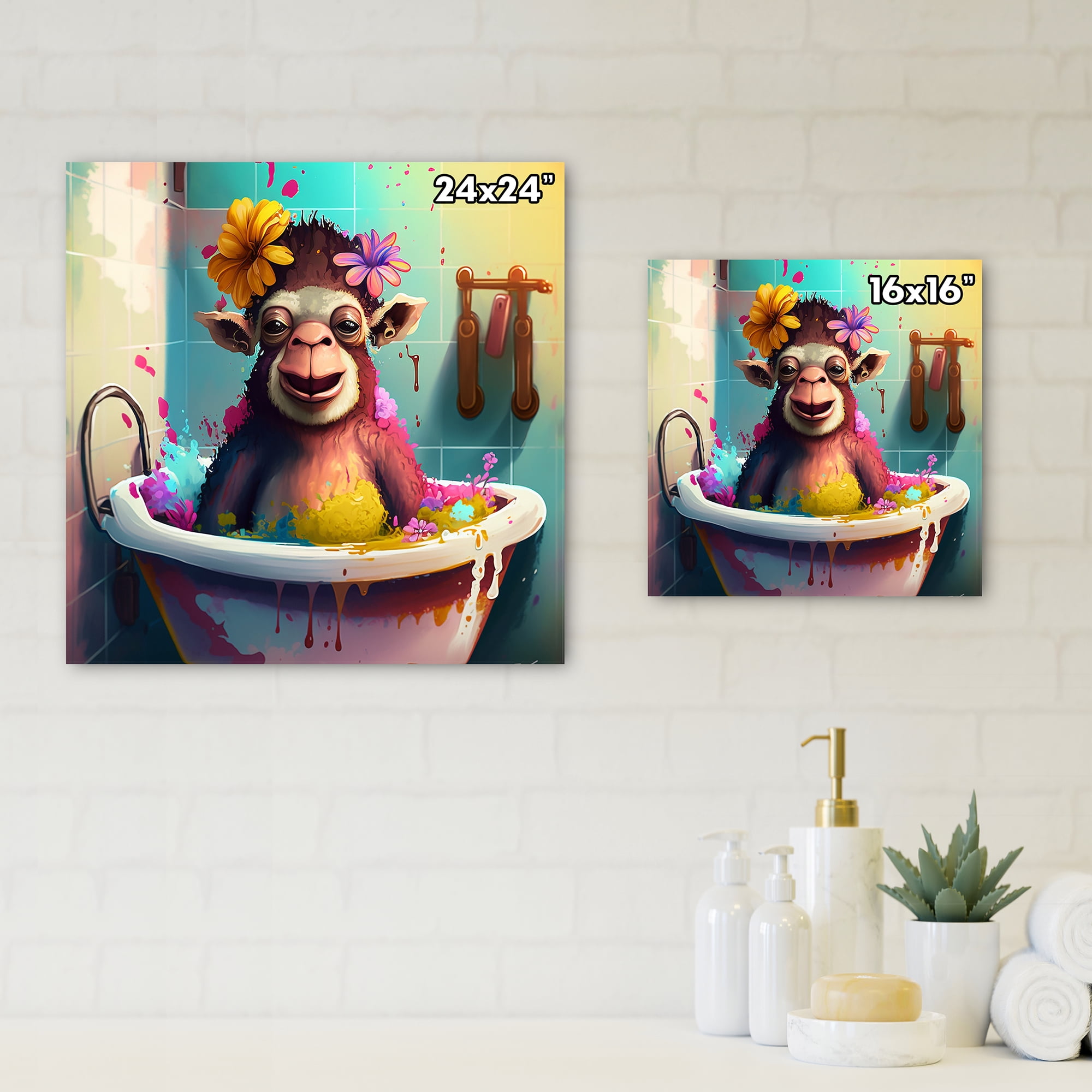 Designart Cute Monkey Taking A Bath Canvas Wall Art