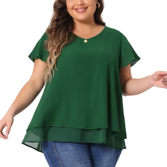 DARING DIVA Women's Plus Ruffle Short Sleeves V Neck Chiffon Blouse 1X Green