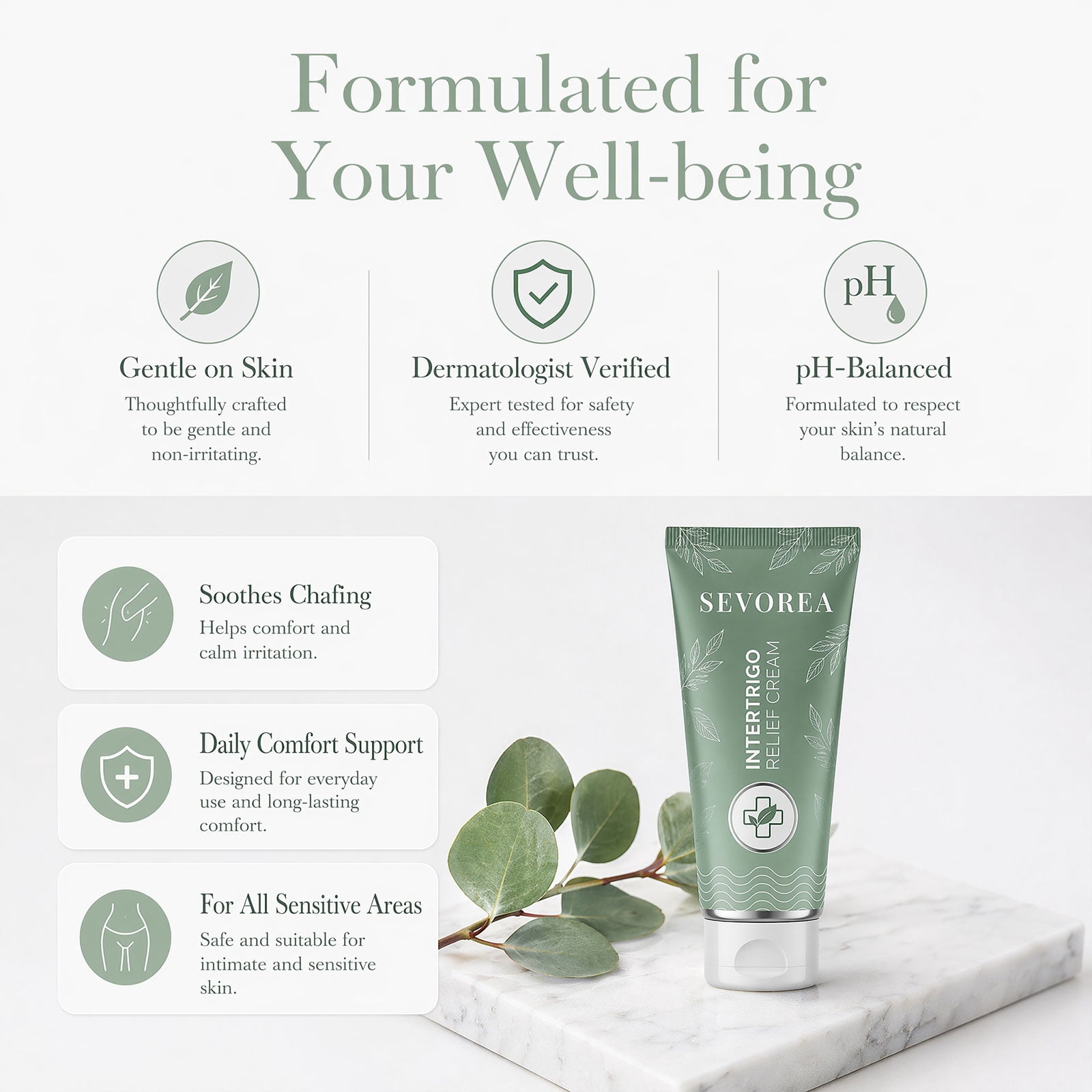 SEVOREA Intertrigo Cream for Skin Fold Care, Non-Greasy Chafing Support with Zinc Oxide & Botanical Extracts for Friction-Prone Areas (1 PC)