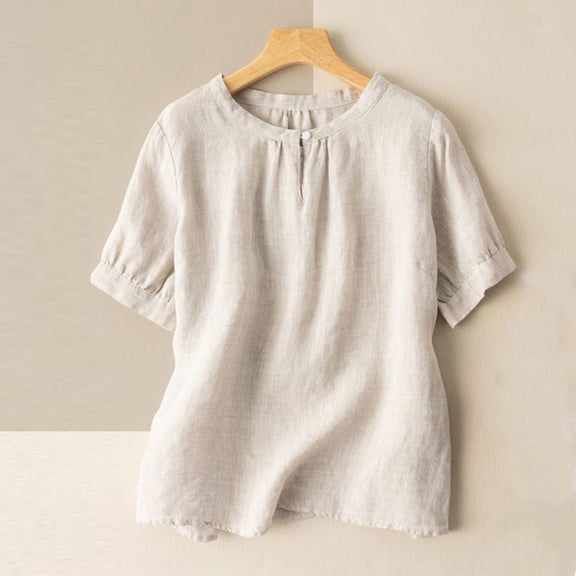 Asgosdo Womens Summer Cotton Linen Tops Short Sleeve Crew Neck Loose Fit Shirts Comfy Soft Lounge Blouses