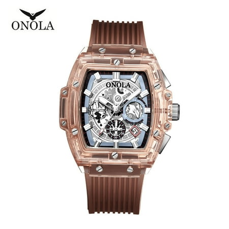 ONOLA ON6011 Men Quartz Watch Transpaernt Hollow Dial Silica Gel Band Fashion Multifunction Wristwatch 3ATM Luminous Display Chronograph Calendar Date Display Watches