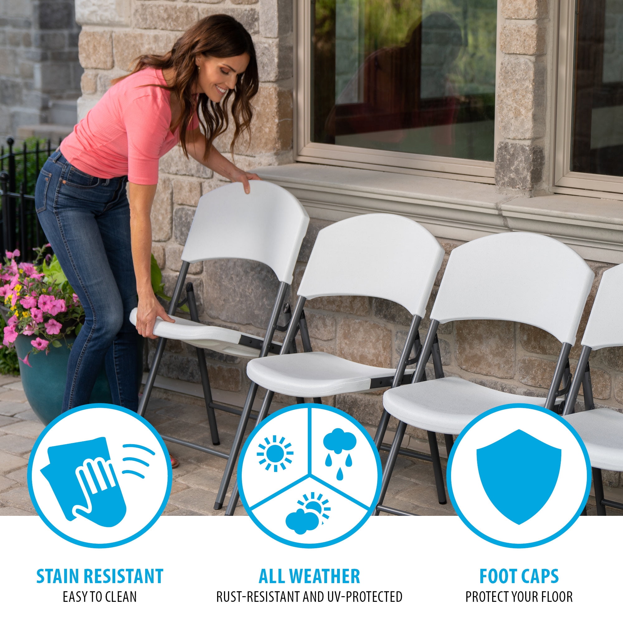 Lifetime Lightweight Indoor Outdoor Plastic Folding Chairs, White, 4 Piece