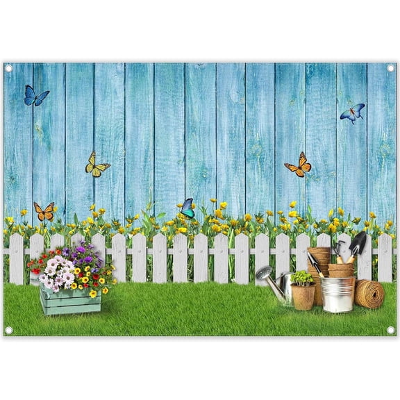Spring Backdrop Easter Garden Floral Photography Background Butterfly Grass Blue Wooden Wall Easter Party Decorations Banner Photo Booth Props