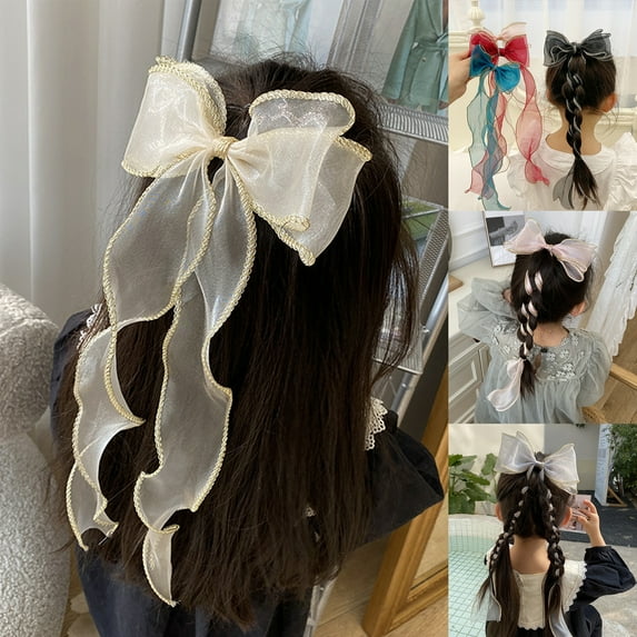 SPRING PARK Women Girls Korean Ribbon Lace Long Ribbon Hair Bow Hair Clips