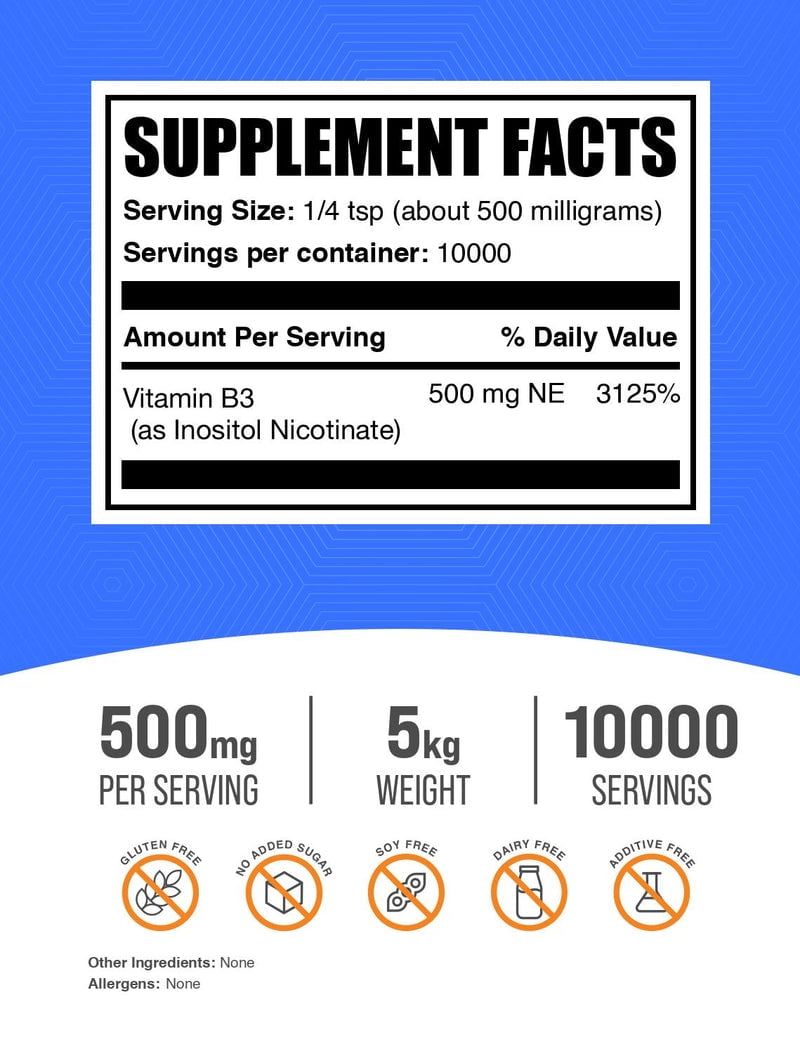 BulkSupplements Flush Free Niacin (Inositol Hexanicotinate) Powder- 500mg per Serving - 5 Kilograms (11 lbs) - 10000 Servings