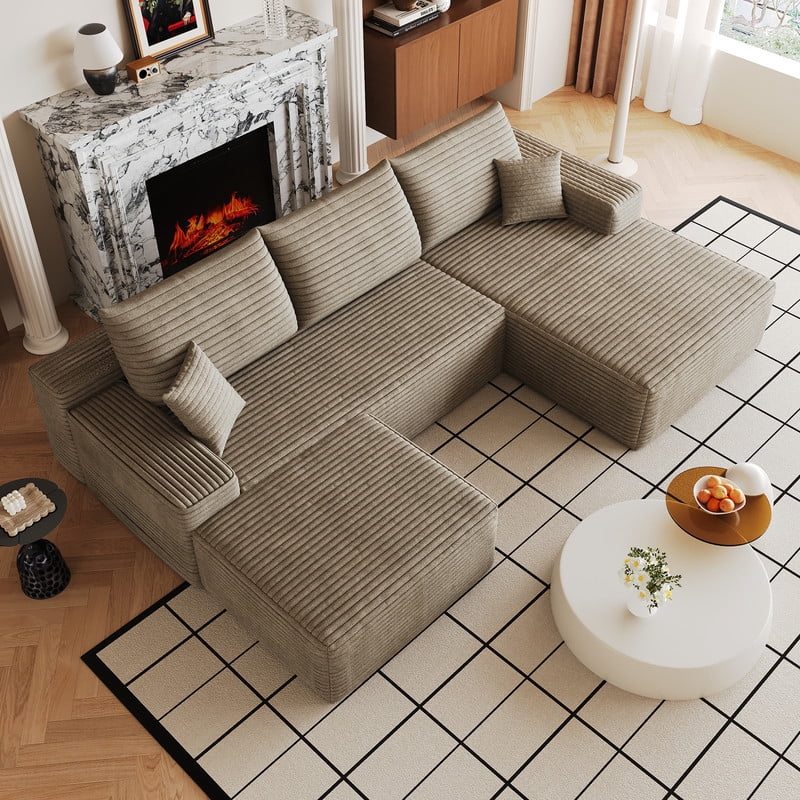107" Cloud Sectional Sofa with Ottoman, Modern U-Shaped Modular Sofa, Deep Seat Upholstered Couch with Plush Corduroy Fabric, No Assembly Required, Comfort Corner Sofa for Living Room & Apartment
