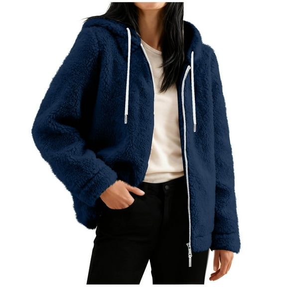 qucoqpe Women's 2025 Winter Fashion Fleece Sweatshirt Tops Solid Long Sleeve Outwear Zip Up Adjustable Drawstring Hooded Coats with Zipper Pockets