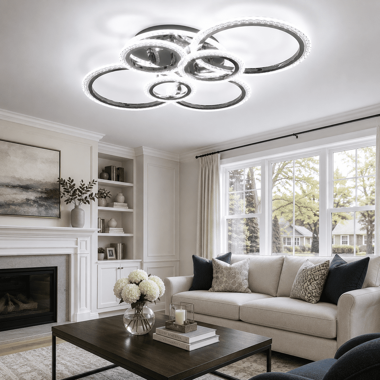 Garwarm Chrome 6-Ring LED Ceiling Light, Modern Dimmable 3000K-6500K Flush Mount Ceiling Light with Remote, Acrylic Ring Ceiling Lamp Fixture for Living Room, Dining Room, Bedroom