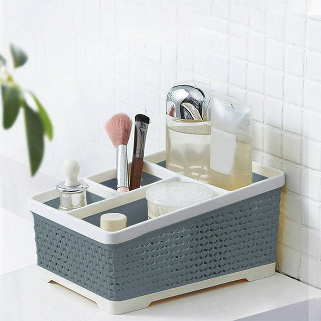 Cesta organizadora de baño | Almacenamiento de escritorio de plástico con 4 compartimentos para hisopos, pinceles de maquillaje, bolígrafos y cosméticos | Azul, beige y rosa | Organizador multiusos