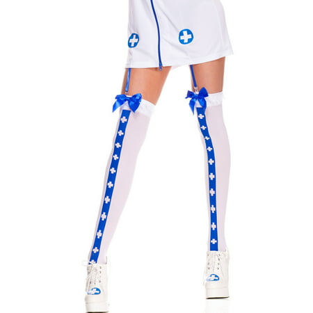 Nurse Costume Medic Thigh Highs, Opaque Thigh Hi With Cross And Ruffle Lace Top With Satin Bow