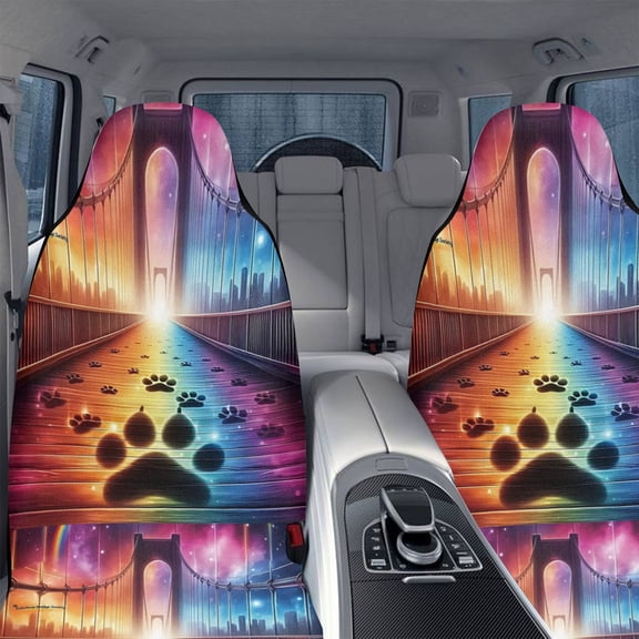 2pcs Neon Glow-in-the-Dark Car Seat Covers with Rainbow Bridge & Paw Print, UV-Activated Glow, Machine Washable Soft Fabric, Easy No-Fill Installation, Pet-Friendly Front Seat Protectors for Cars SUV