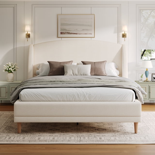 Cadre de Lit, Tête de Lit Courbée, Lit Très Grand Sans Ressorts, Beige-Céramique
