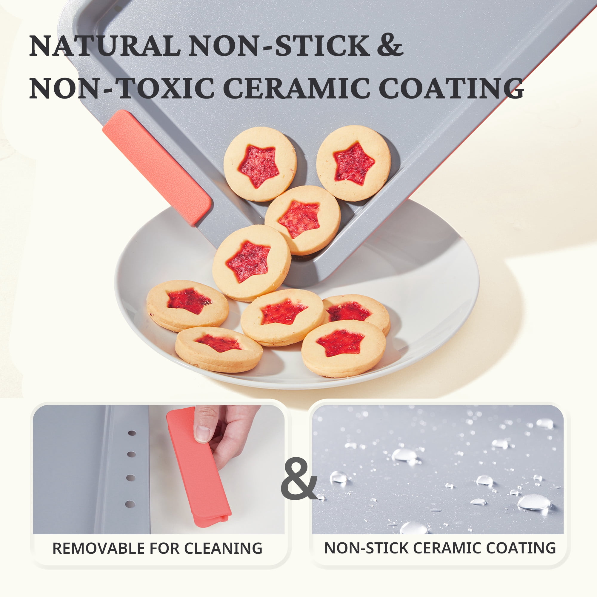 HONGBAKE Non Toxic Ceramic Cookie Sheets for Baking, 3-piece Non Stick Baking Sheet Pans for Oven, Heavy Duty Aluminized Steel Baking Pans Set with Silicone Handles -Orange