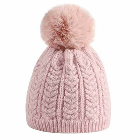 

Odeerbi Winter Beanie for Boys Girls Knitted Beanie Cap Kids Hat Warm Knit Thick Ski Cap With Fluff Ball Pink