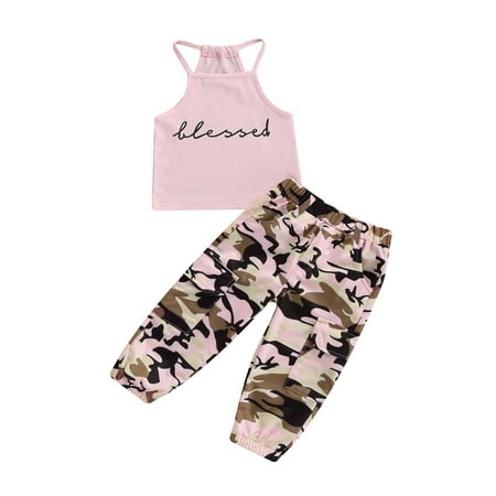 

Tregren Kids Toddler Baby Girl Clothes Set Letter Sleeveless Shirt Tank Tops Camouflage Pants Leggings Summer Outfits