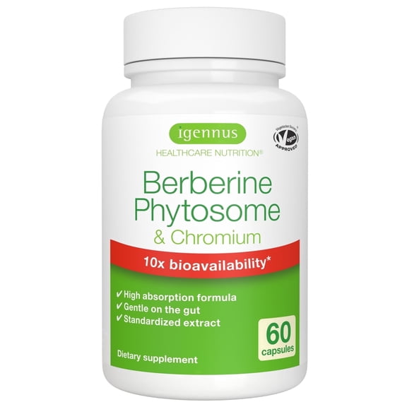 Igennus Dual Action Berberine Phytosome 550mg & Chromium Picolinate, 10x Absorption, Blood Glucose Control, Standardized Berberis Extract Supplement, Clean Label, Vegan, 60 Capsules