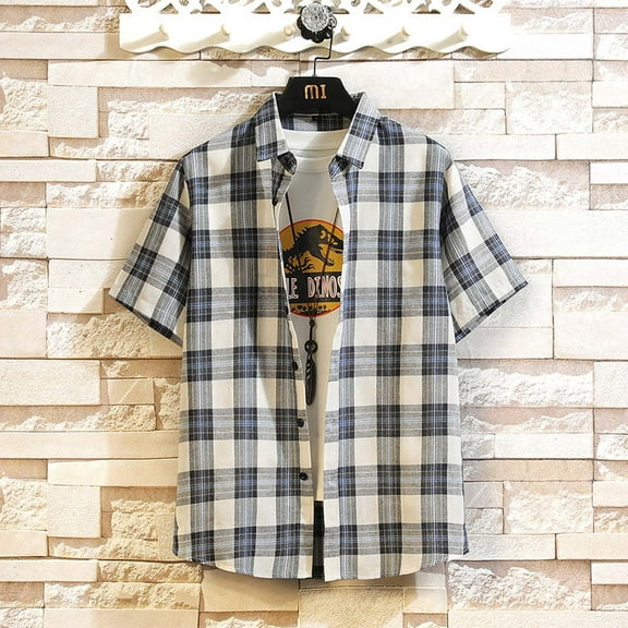WAENQINLA Men's Short Sleeve Button Down Shirt Big and Tall Classic Plaid Shirts Casual Vintage Cuban Collar Summer Shirt,M-5XL