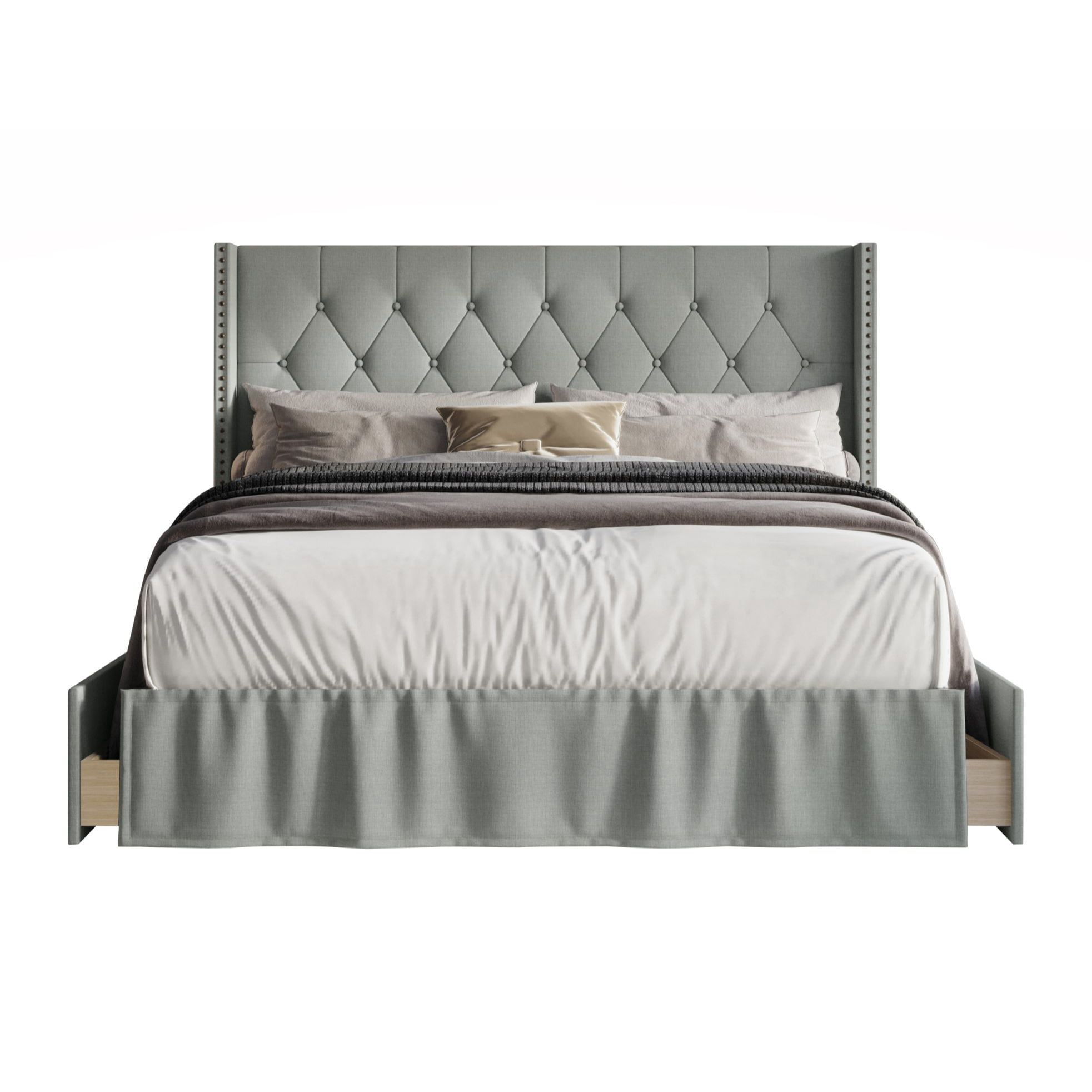 Home Design Andrea Full Upholstered Storage Panel Bed Frame, Button Tufted Linen Wingback Headboard, Gray – Modern Adult Bedroom Furniture