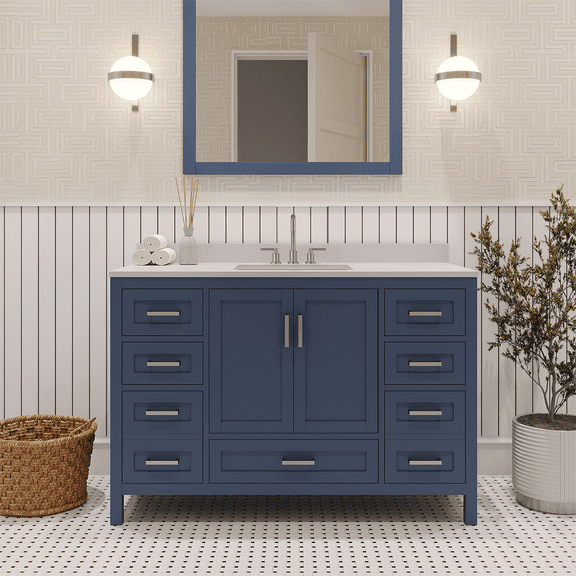 Ayna Decors Rooh 48 Inch Navy Blue Vanity Cabinet with Sink in Brushed Nickel Hardware - Quartz Countertop