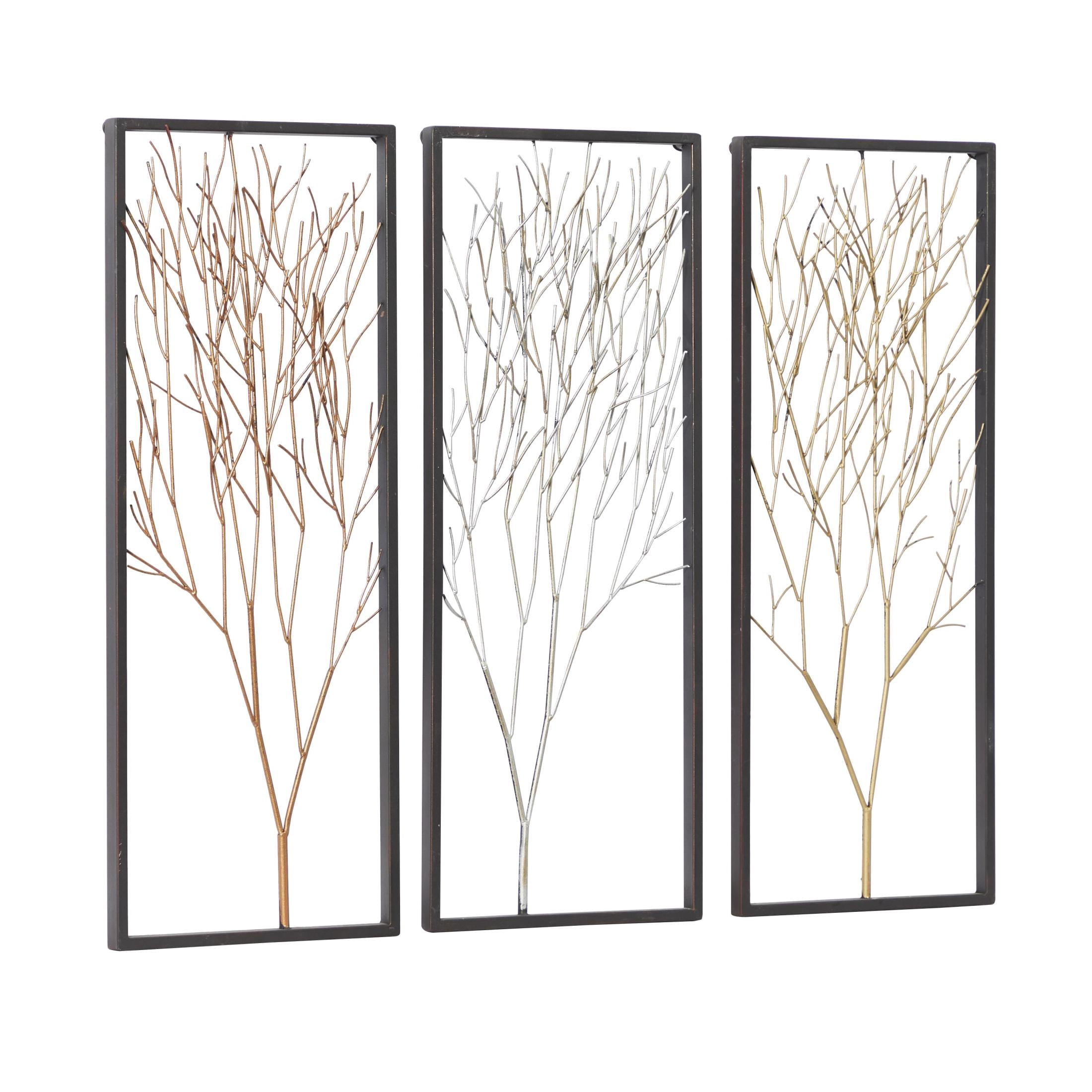 DecMode Black Metal Branch Tree Wall Decor with Metallic Copper, Silver, and Gold (3 Count)