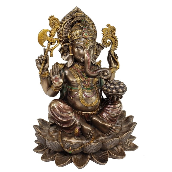 Veronese Design 10.24 Inch 5 lbs Lord Ganesha Sitting on Lotus Hindu God Antique Bronze Finish Statue