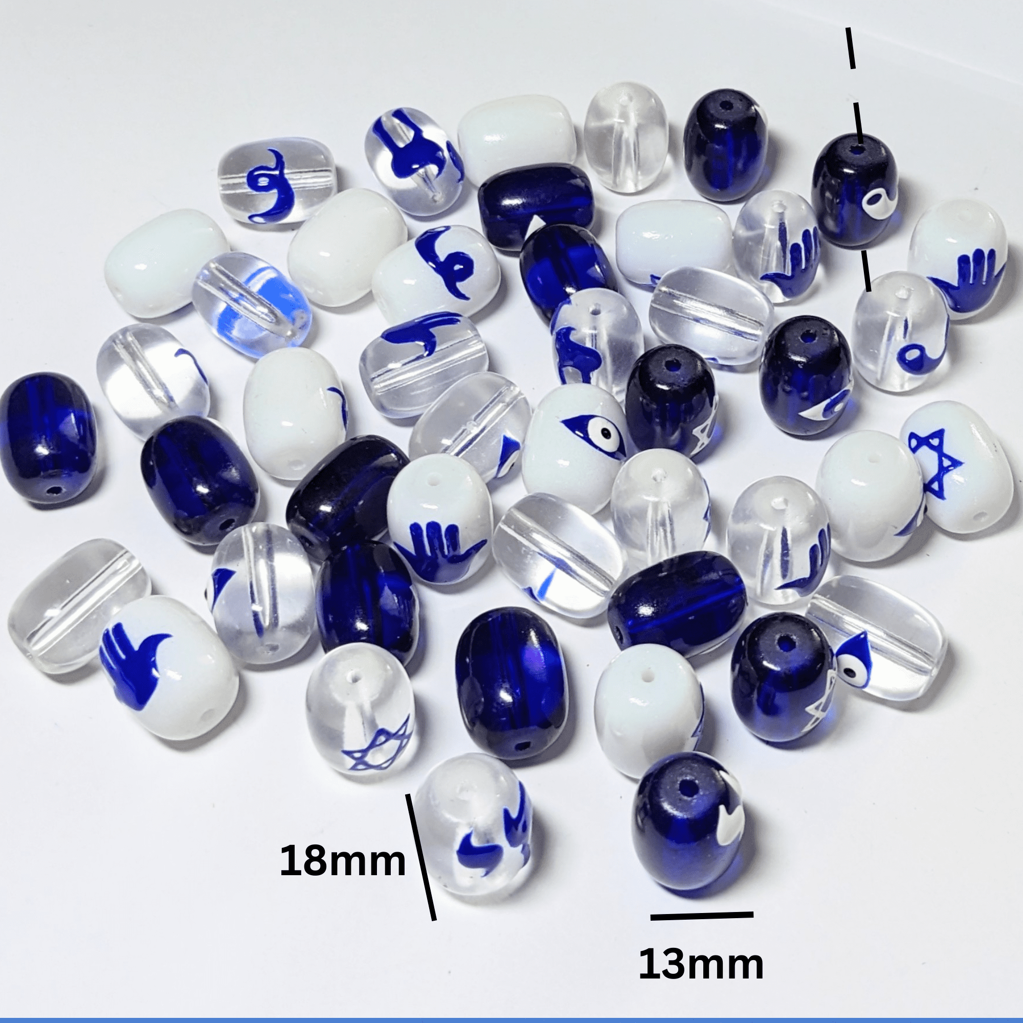 Hanukkah Glass Beads For Bracelet Making, Blue Clear Sameach Craft DIY Jewelry Supplies, Gift For Beader, 40 pcs