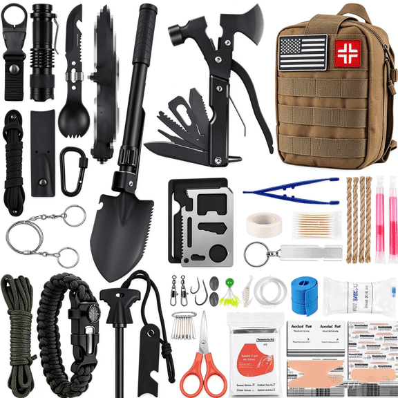 SereneLife Survival Toolkit All-Purpose Emergency First Aid Tactical Gear Set with Axe Fire Starter Folding Knife Flashlight