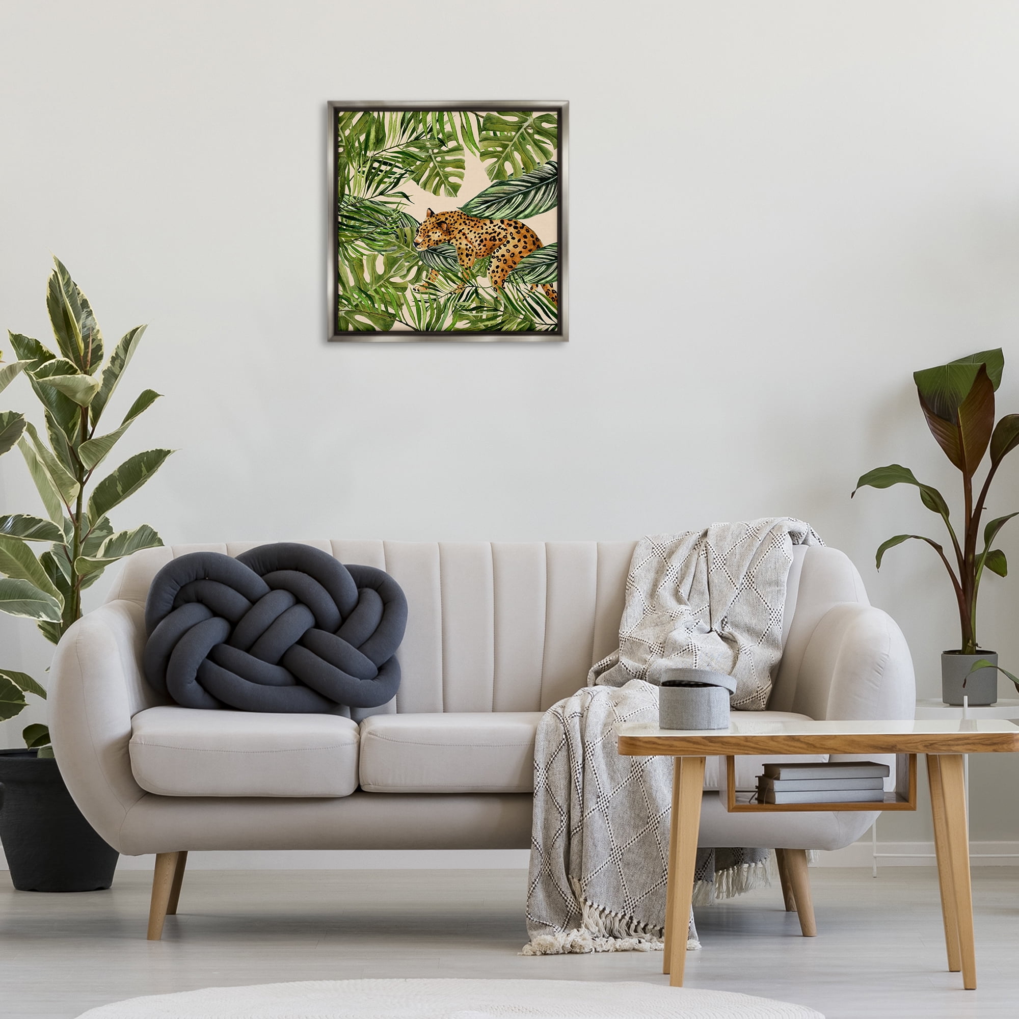 Stupell Industries Botanical Leopard on Branch Plants & Flowers Painting Gray Floater Framed Canvas Art Print Wall Art, 25 x 25
