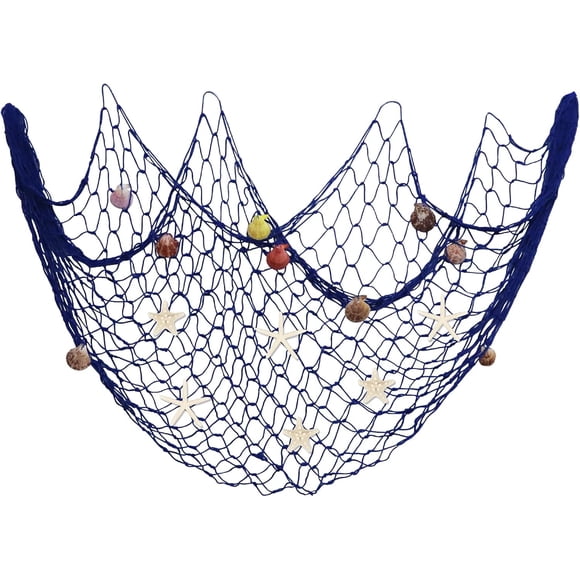 Fangoo Décorations Murales Filet de Pêche Nautique 79x39 Pouces avec Coquillages et Étoiles de Mer pour Fête sous la Mer Décoration de Table de Salle de Bain pour Plage Océan Pirate Mariage à Thème (Bleu)
