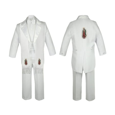

New Born Baby Boy Teen Christening Baptism Formal White Tail Suit Silver Virgin Mary On Stole & Back SM-20