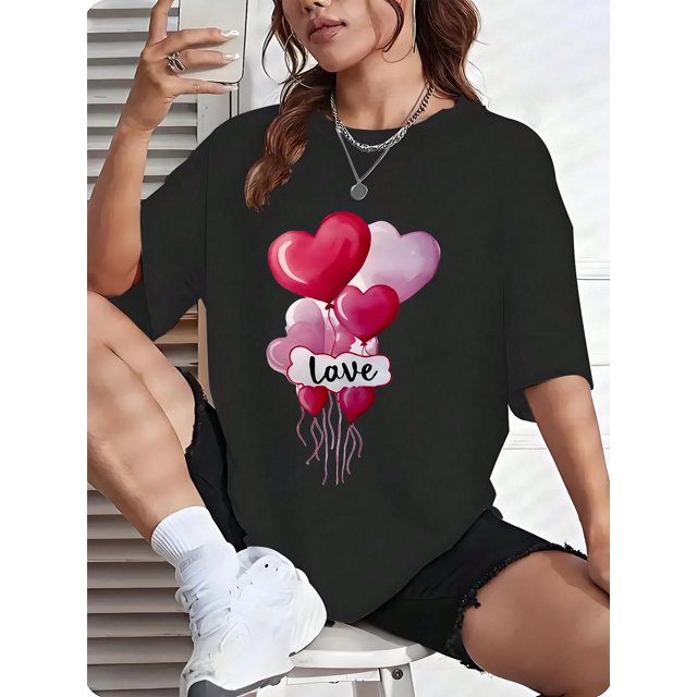 T-Shirt à Imprimé Graphique Ballon d'Amour Cœur pour la Saint-Valentin pour Femmes, T-Shirt à Col Rond Décontracté et Tendance Hauts de T-Shirt Fête des Pères, Fête des Mères, Nouvel An, Fête du Printemps, Saint-Valentin, Fête de l'Indépendance
