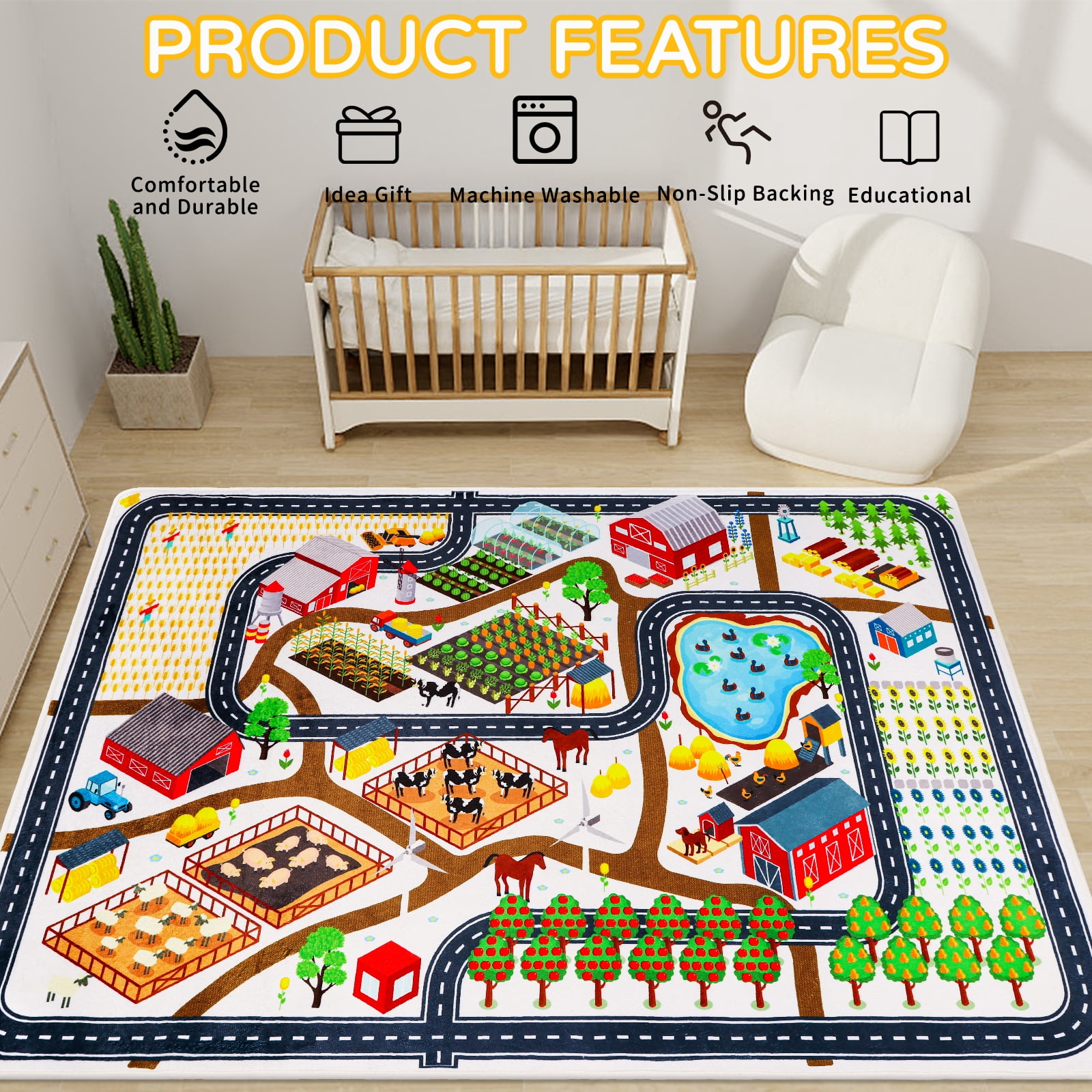 Kids Rug Car Rug for Toy Cars,Farm Life Road Traffic for Playroom Kid Car Road Rug Village Map Play Mat Non-Slip Washable Play Rug for Toddler Boy Family Tummy Time Playtime