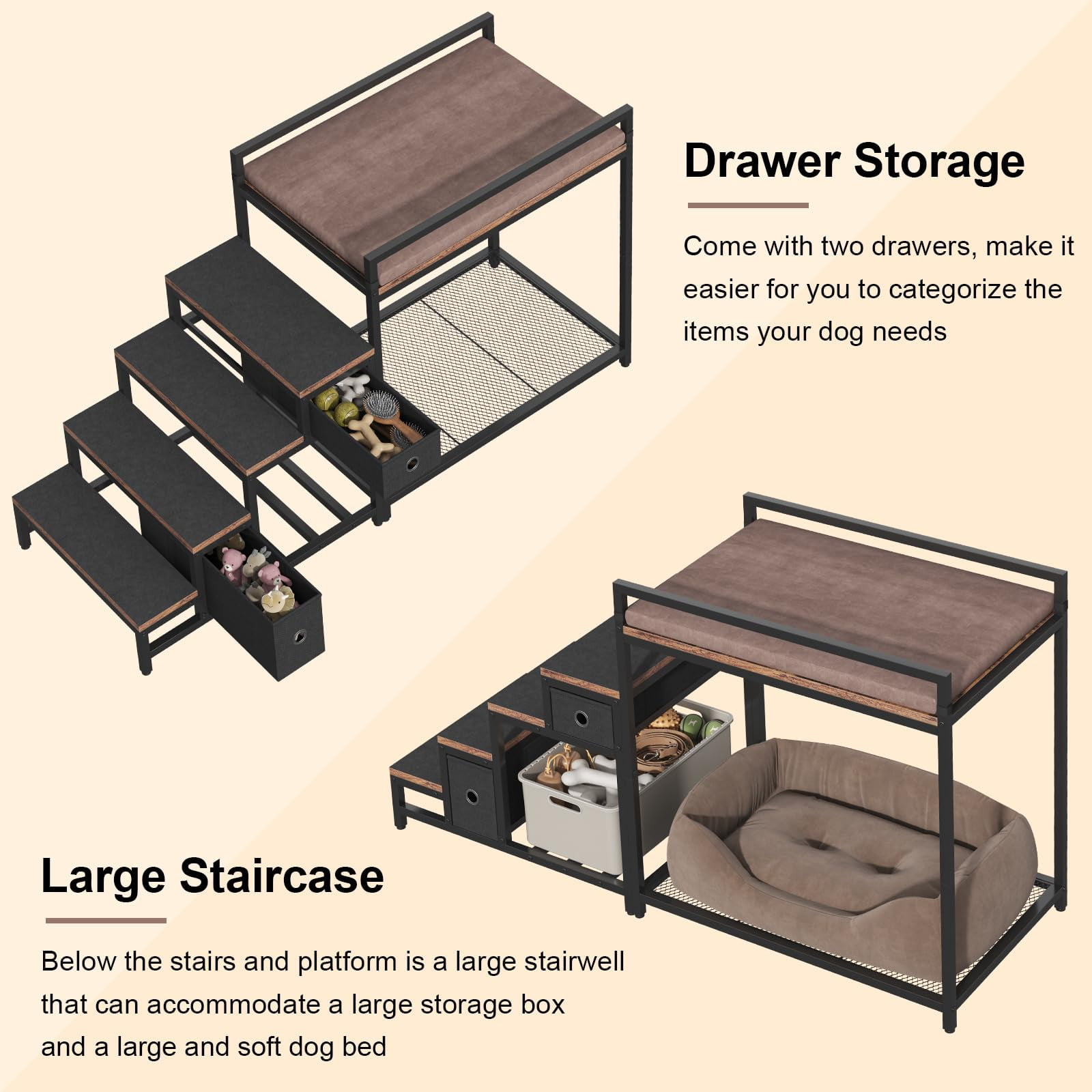 Pet Bunk Bed with Stairs Storage Drawers, Multi-Level Elevated Dog Cat Bed for Window Perch or Bedside Lounge, Foam Upholstered Platform, Black