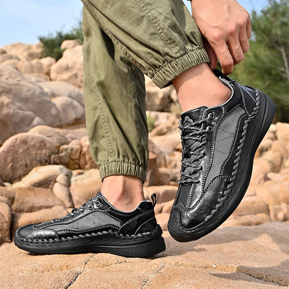 Mens Casual Leather Shoes Outdoor Hiking Work Shoes Breathable Lightweight Sneakers Comfortable Lace-up Driving Shoes Black 10 US